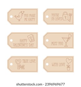 Valentines Day printable tags template in doodle style, hand-drawn love theme icons and quotes. Romantic mood, cute symbols and elements collection.