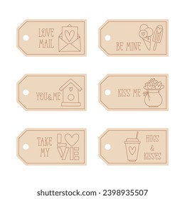 Valentines Day printable tags template in doodle style, hand-drawn love theme icons and quotes. Romantic mood, cute symbols and elements collection.