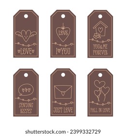 Valentines Day printable tags template in doodle style, hand-drawn love theme icons and quotes. Romantic mood, cute symbols and elements collection.