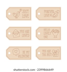 Valentines Day printable tags template in doodle style, hand-drawn love theme icons and quotes. Romantic mood, cute symbols and elements collection.