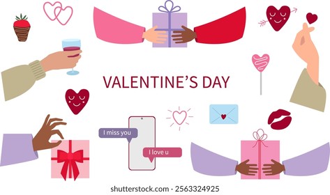 Valentine's Day prints with couple's hands, hearts and kisses. Perfect for Valentine's Day, Women's Day, greeting cards, stickers, birthday, date invitations. Romantic and cute elements