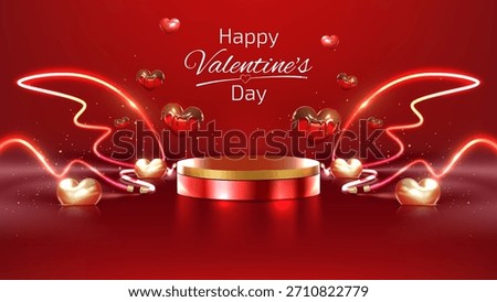 Valentine's Day product display background. Red podium with glowing neon wings and cute melting chocolate coated hearts.