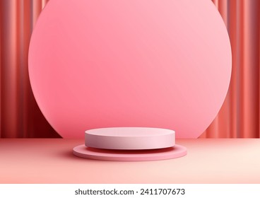 Presentaciones de productos de San Valentín posadas 3D mockup color rosa suave prepara el escenario para el amor con fondo de círculo y fondo de cortina, belleza y elegancia. Ilustración del vector