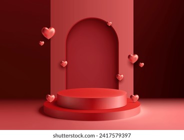 Valentine's Day product presentations 3D red podium mockup set the stage for love decoration with hearts elements and rounded backdrop on red background. Vector illustration