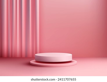 Valentine's Day product presentations with this 3D podium mockup. Soft pink set the stage for love with curtain backdrop, beauty, and elegance. Vector illustration