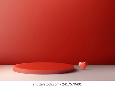 Valentine's Day products display, 3D red podium mockup adorned with red hearts on red background. Vector illustration
