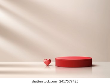 Valentine's Day products display, 3D red podium mockup adorned with red hearts on white background with light beam. Vector illustration