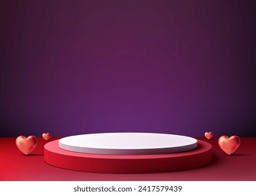 Valentine's Day products display, 3D red and white podium mockup adorned with red hearts on purple background. Vector illustration