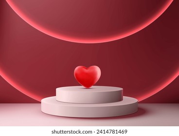 Valentine's Day products shine with 3D podium mockup featuring a modern, minimalist design with red heart accents. Perfect for cosmetics, jewelry. Vector illustration