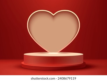 Valentine's Day products shine with this stunning 3D podium mockup. Featuring a red heart backdrop and a sleek, modern design. Vector illustration