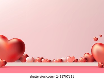 Los productos del Día de San Valentín brillan con esta mofa fotorrealista de podio 3D. Con una plataforma rosa adornada con corazones. Ilustración del vector