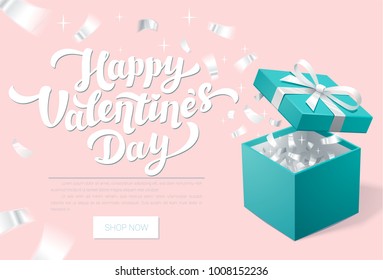 Valentines Day Promo Banner With Open Gift Box And Silver Confetti. Happy Valentines Day. Turquoise Jewelry Box. Template For Cosmetics Jewelry Shops. Christmas Background. Vector Illustration.