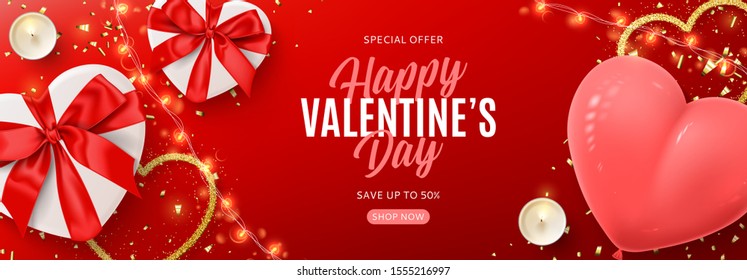 Valentine's Day promo sale banner. Vector illustration with white gift boxes, sparkling light garland, candles, air balloon and confetti on red background. Promo discount banner.