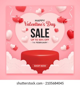 Valentine's Day Promo Sale Banner With 3d Heart Shapes On Pink Background, Sale And Discount Template