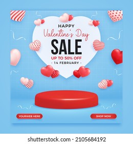 Valentine's day promo sale banner template with podium on blue background