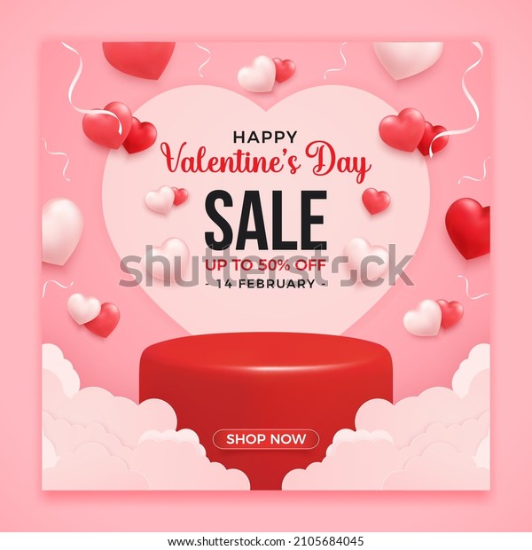 Valentine\'s day promo sale banner\
with 3d heart shapes on pink background, sale and discount\
template