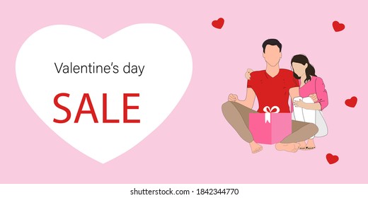 Valentine's day promo sale flyer with young couple and present. Vector illustration for poster, banner, discount, special offer. 