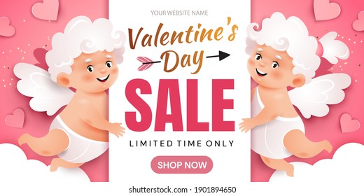 Valentine's Day promotion banner.Two cupids are holding a poster on the background of clouds.