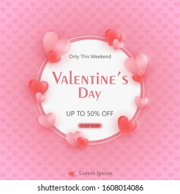 Valentine's Day Promotion Illustration Design with origami hearts, and rounded frame border in the middle. In pink background with heart pattern texture.