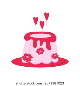 Valentine's Day pudding vector Illustration isolated. Raspberry sweets with hearts decorations on plate. Romance seasonal element with pink and red colors in simple hand drawn style