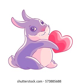 Valentine's day. Purple Bunny holding a heart in his paws. Vector illustration