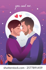 Valentine's day purple greeting card. A male couple in love hugs and smiles. February 14, lgbtq boys in romantic relationships, hearts, flowers, gradient sky and text "You and me". 
