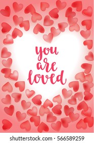 Valentine's day quote. Romantic saying for posters, cards or leaflet. Vector phrase on pink background with decorative candy sweet hearts.