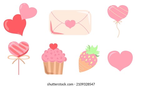 Valentine's day quotes elements set. Valentines day set, love symbol objects and cute lettering. Sticker cartoon style. Vector illustration.