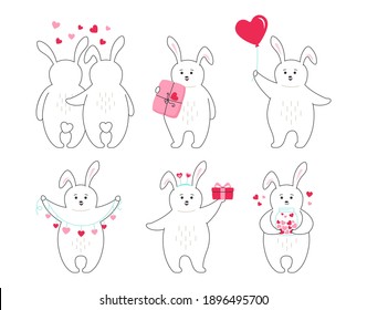 Valentines Day rabbit cartoon set. Character animal for greeting card with rabbit animals hugging with love and heart shapes . Draw doodle romantic pastel color, cute rabbits. Vector illustration about love, hearts