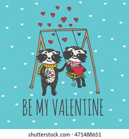 Valentine's Day with raccoon couple on the swing. Vector illustrated raccoon couple on blue background.