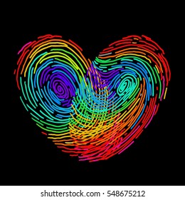 Valentines day rainbow vector fingerprint heart sketch. Hand drawn outline illustration with human finger print in heart shape with whole spectrum colors