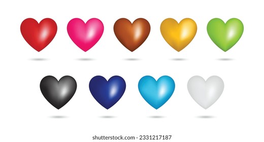 Día de San Valentín con forma realista de corazón 3d en varios colores sobre fondo blanco. Diseño vectorial de forma cardiaca realista