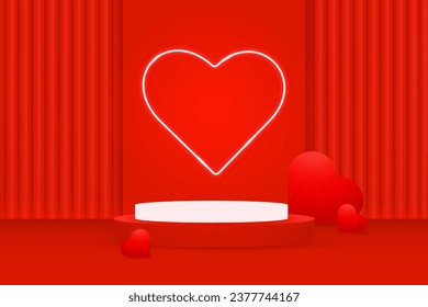 Valentine's Day Realistic 3D red white podium with neon white heart and red geometric background soft hearts.Neon light heart shape. Vector abstract geometric forms. Round stage showcase.Mockup vector