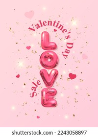 Valentine's Day. Realistic 3d vector design. Happy Valentine's Day sale poster. 3d render objects. Holiday background.