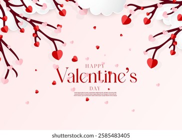 Valentine's Day realistic paper cut background design vector. Romantic love illustration design Happy Valentine's Day design with a tree bench, paper art heart, and gradient background. 