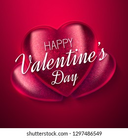 Valentine's Day realistic vector illustration. 3D shiny glass hearts on red background.