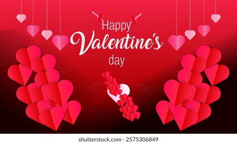 Valentines day rectangle background design of with pink and red gradient heart shapes. Happy valentines day greeting.  valentines day calligraphy text on the background for banner, greeting card art