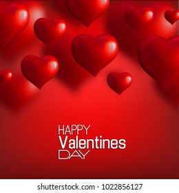 Valentine's Day with red 3d hearts on red background. Vector illustration. Cute love valentine banner or greeting card.