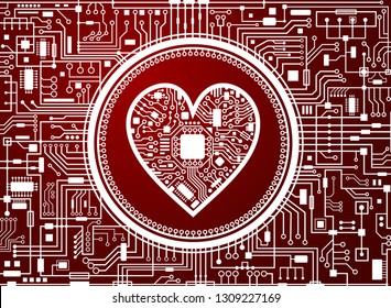 Valentines day red background. Abstract technology heart. IT love symbol. Vector illustration.