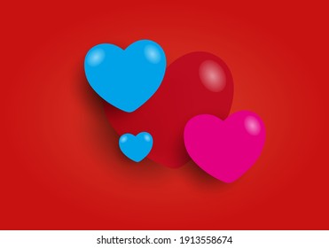 valentine's day, with red background, blue, red, pink heart shape