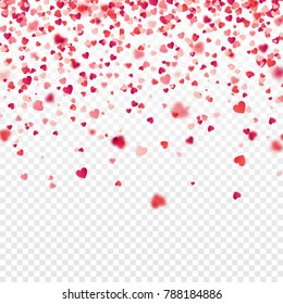 Valentines day red background with blurred hearts. Love symbol. February 14. I love you. Be my valentine. Transparent background. Heart confetti.