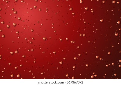 Valentine's day, red background with golden hearts and placer glitters. 