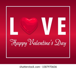 Valentine's day red background. Red heart, text Love. Vector illustration for wallpaper, flyer, invitation, poster, brochure, voucher, banners.