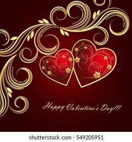 Valentine's day red background with hearts and golden floral swirls.