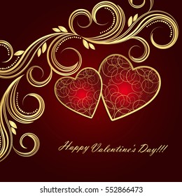 Valentine's day red background with hearts and golden floral swirls.