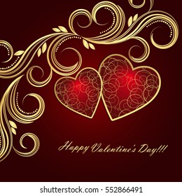 Valentine's day red background with hearts and golden floral swirls.