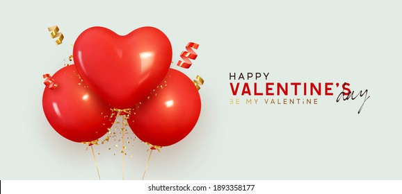 Valentine's Day. Red balloons fly helium round and hearts shape. Background with festive realistic 3d balloons with ribbon. Celebration design with baloon, gold glitter confetti. Vector illustration