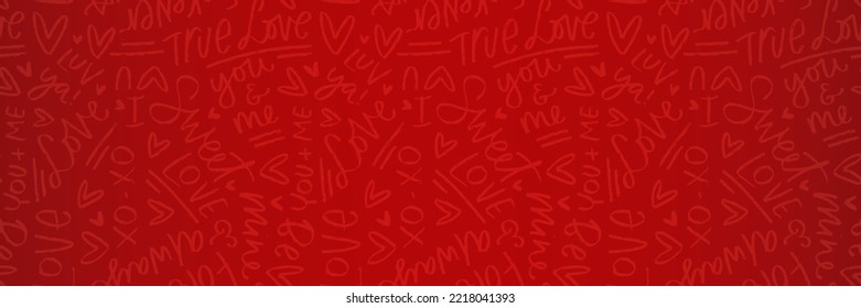 Valentine's day red banner background with short phrases about love. Low contrast seamless pattern with gradient overlay. 