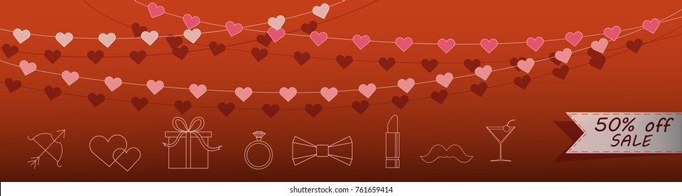 Valentine`s Day red banner (background) with hearts and sale tag. EPS 10 vector illustration with transparency and gradient meshes.