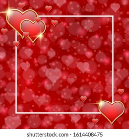 Valentine's Day red blurred vector background with hearts and frame